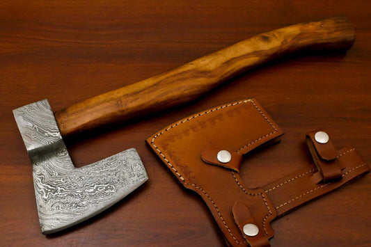 Handmade Damascus Steel Tomahawk Axe Hatchet with Walnut Wood Handle and Leather Sheath