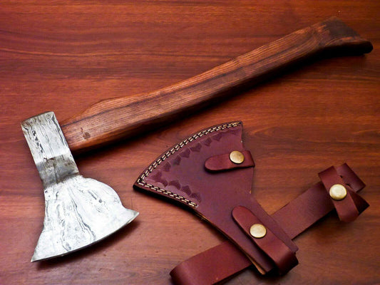 Handmade Damascus Steel Tomahawk Hatchet Axe with Walnut Handle and Leather Sheath – 15 Inch
