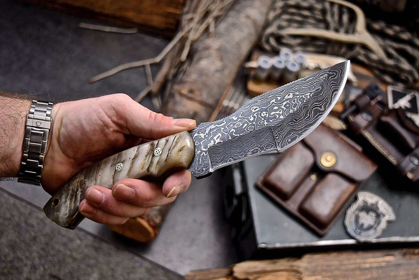 Handmade Damascus Steel Tracker Chopper Knife – Sheep Horn Handle, Survival Hunting Knife with Sheath, Fire Starter & Whetstone