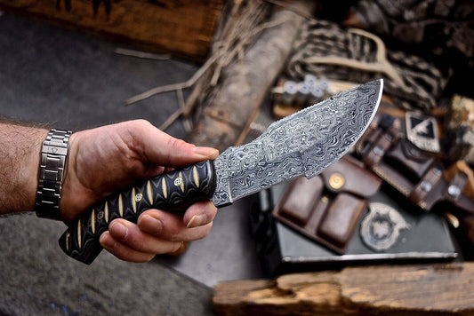 Handmade Damascus Steel Tracker Chopper Knife with Micarta Handle – Camping, Hunting, Survival & Outdoor Sport Knife with Leather Sheath