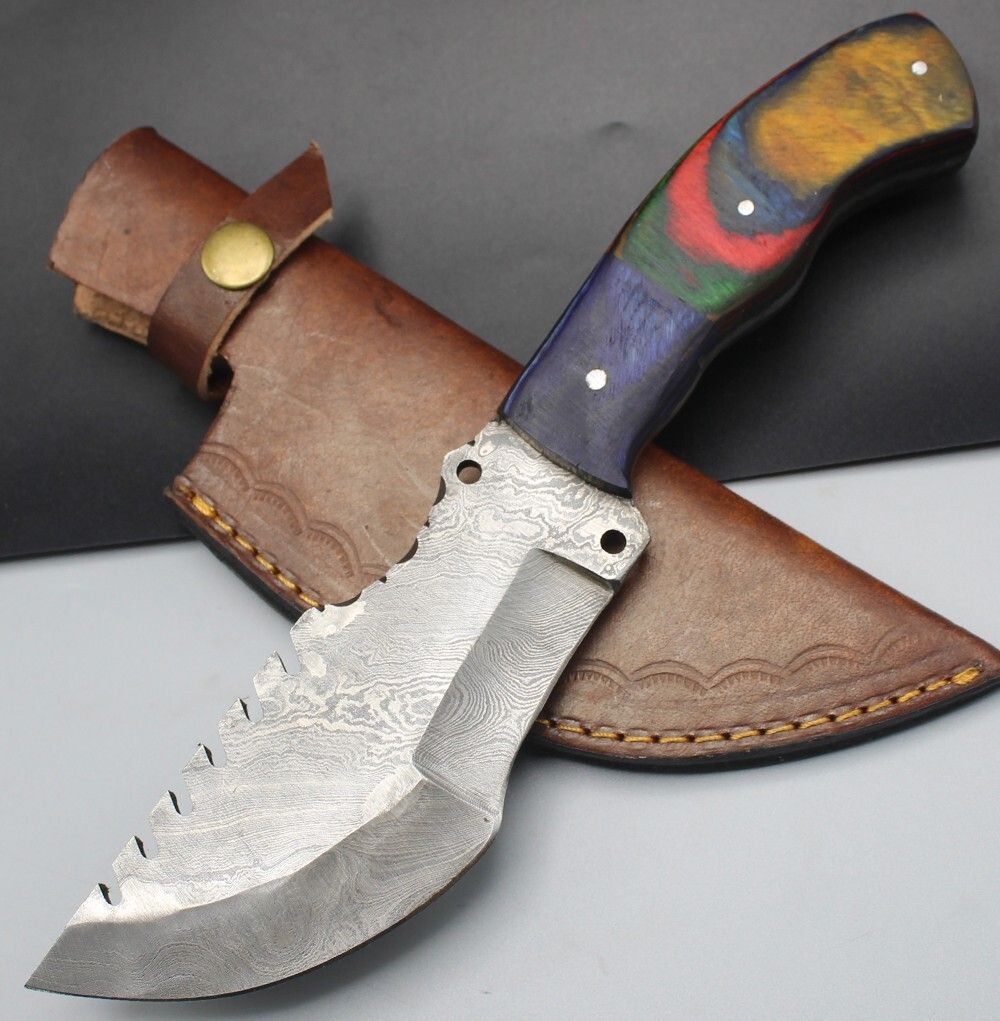 Handmade Damascus Steel Tracker Hunting Knife with Hardwood Handle and Leather Sheath