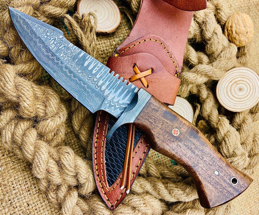 Handmade Damascus Steel Tracker Knife – Hand Forged Hunting Knife with Wood Handle & Sheath