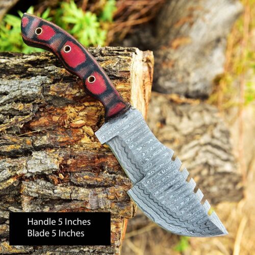 Handmade Damascus Steel Tracker Knife – Military Tactical Hunting Survival Full Tang with Leather Sheath