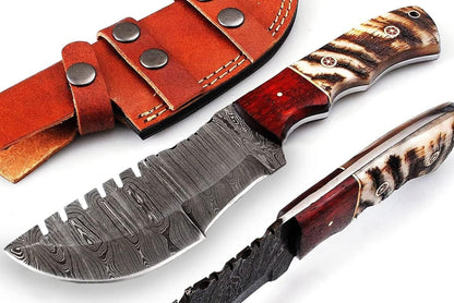 Handmade Damascus Steel Tracker Knife with Ram Horn Handle – Premium Hunting & Outdoor Knife