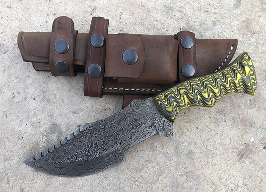 Handmade Damascus Steel Tracker Knife with Two-Tone Dollar Wood Handle – Fixed Blade Hunting Knife with Leather Sheath