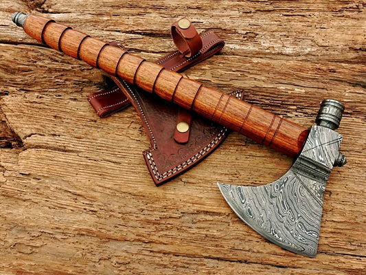 Handmade Damascus Steel Viking Axe Hatchet Functional Axe | 17-Inch with Rose Wood Handle & Leather Sheath