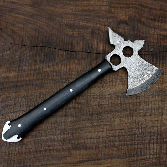 Handmade Damascus Steel Viking Axe with Micarta Wood Handle for Bushcraft and Camping