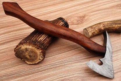 Handmade Damascus Steel Viking Bearded Camping Hatchet Tomahawk Axe | Spike Head, 20-Inch with Natural Wood Handle & Leather Sheath