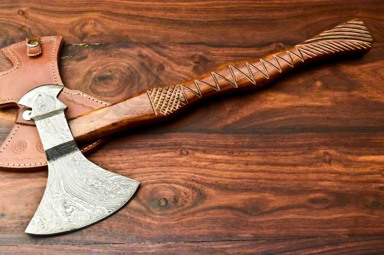 Handmade Damascus Steel Viking Tomahawk Axe with 18" Handle and Leather Sheath