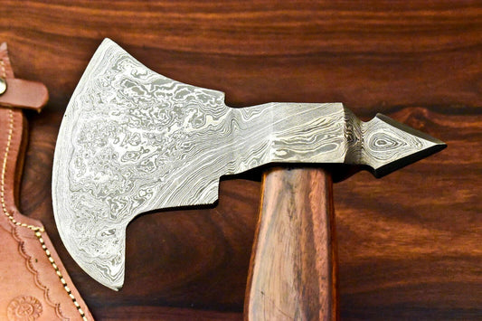 Rare Handmade Damascus Steel Viking Tomahawk Axe with Leather Sheath