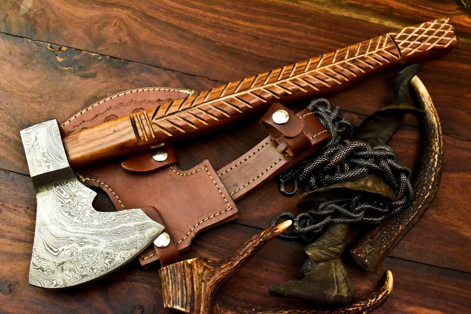 Handmade Damascus Steel Viking Tomahawk Axe with Leather Sheath and Wood Handle