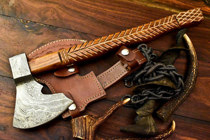 Handmade Damascus Steel Viking Tomahawk Axe with Leather Sheath and Wood Handle