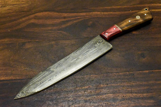 Handmade Damascus Steel Walnut Wood Hunting Chef Knife – 12.9" Full Tang Custom Forged