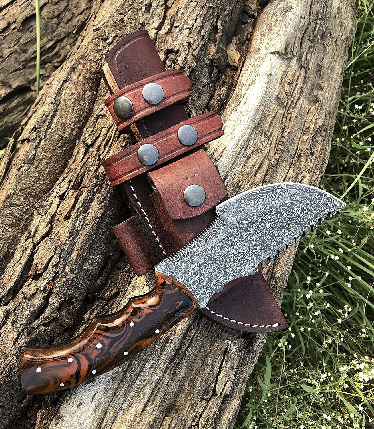 Handmade Damascus Tracker Knife – 10" Fixed Blade Full Tang with Dollar Sheet Wood Handle & Leather Sheath