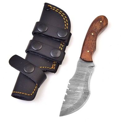 Handmade Damascus Tracker Knife – Horizontal Carry Scout Knife with Wood Handle & Leather Sheath