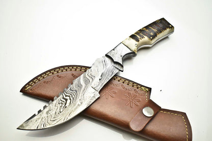 Handmade Damascus Tracker Knife | Ram’s Horn Handle | Full Tang Camping Blade