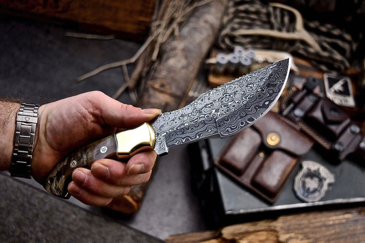 Handmade Damascus Tracker Knife – Sheep Horn Handle Hunting Chopper with Fire Starter, Whetstone & Leather Sheath