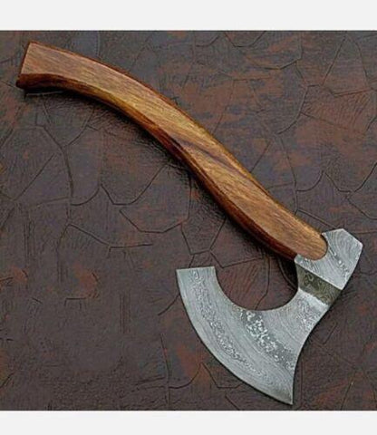 Handmade Damascus Viking Axe Bearded Axe Hatchet Tomahawk with Natural Wood Handle and Leather Sheath