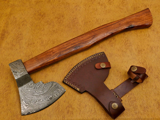 Handmade Damascus Viking Tomahawk Axe with Walnut Handle and Leather Sheath
