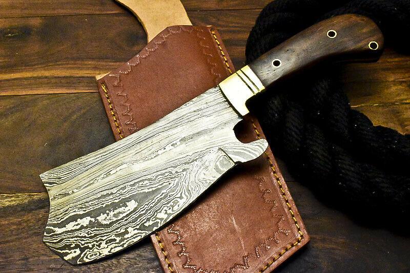 Handmade Damascus Walnut Wood Hunting Clever Chopper Axe Knife with Brass Guard and Leather Sheath