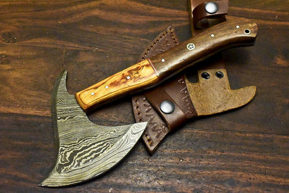 Handmade Damascus Walnut Wood Hunting Clever Chopper Axe Knife with Leather Sheath