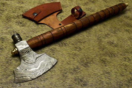 Handmade Damascus Walnut Wood Tomahawk Hunting Axe Knife with Pipe and Leather Sheath