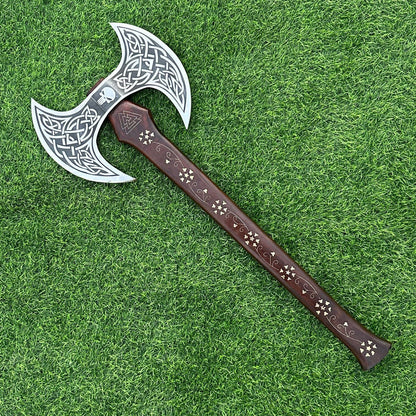Handmade Double-Headed Viking Battle Axe – 27-Inch Carbon Steel Double Blade Axe
