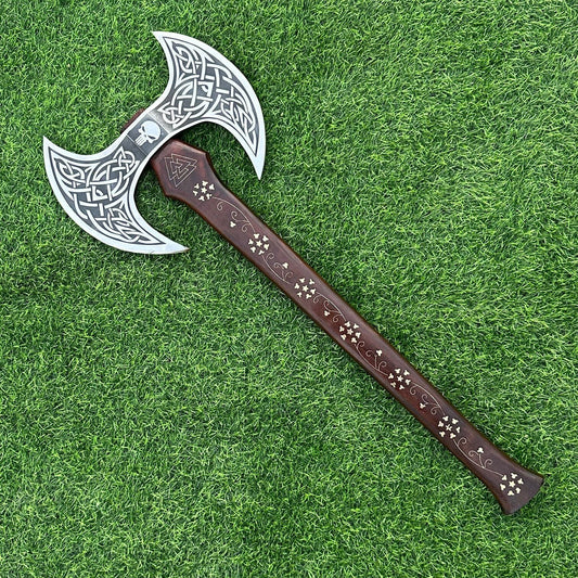 Handmade Double-Headed Viking Battle Axe – 27-Inch Carbon Steel Double Blade Axe