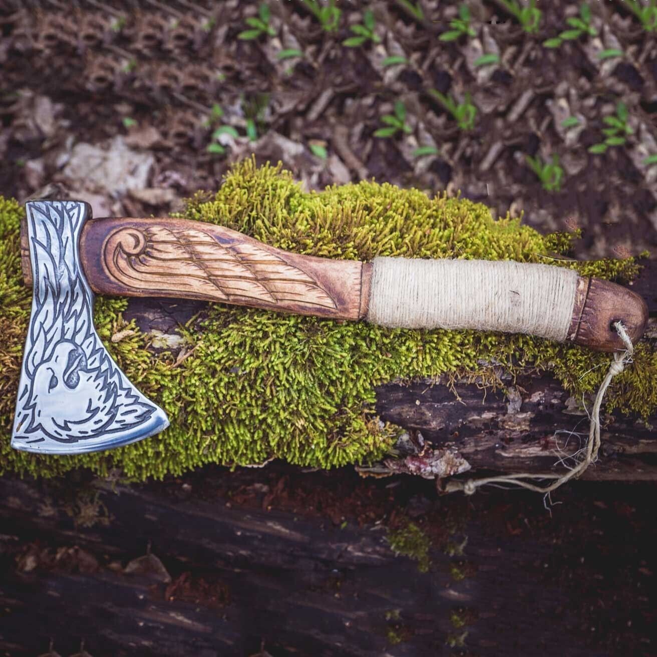 Handmade Forged Carbon Steel Viking Axe – Ash Wood Shaft Lion Head Design with Leather Sheath
