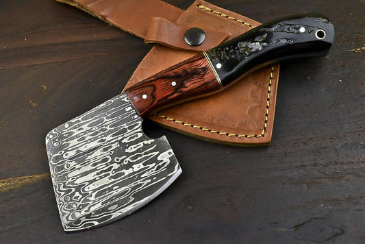 Handmade Forged Damascus Hunting Clever Chopper Axe Knife– 8.6 Inch