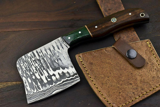 Handmade Forged Damascus Steel Axe Walnut Wood Hunting Clever Chopper Knife with Leather Sheath