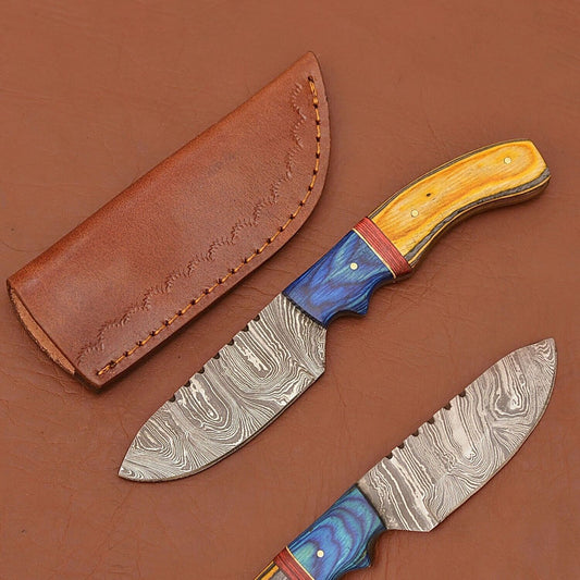 Handmade Forged Damascus Steel Camping Skinner Hunting Knife with Leather Sheath