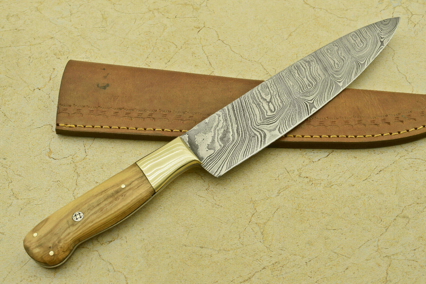  Handmade Forged Damascus Steel Chef Kitchen Knife with Olive Wood Handle – 13.5" Professional Knife