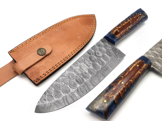 Handmade Forged Damascus Steel Chef Knife | 7.5" Blade, Pine Wood Handle, Kitchen & Hunting Knife