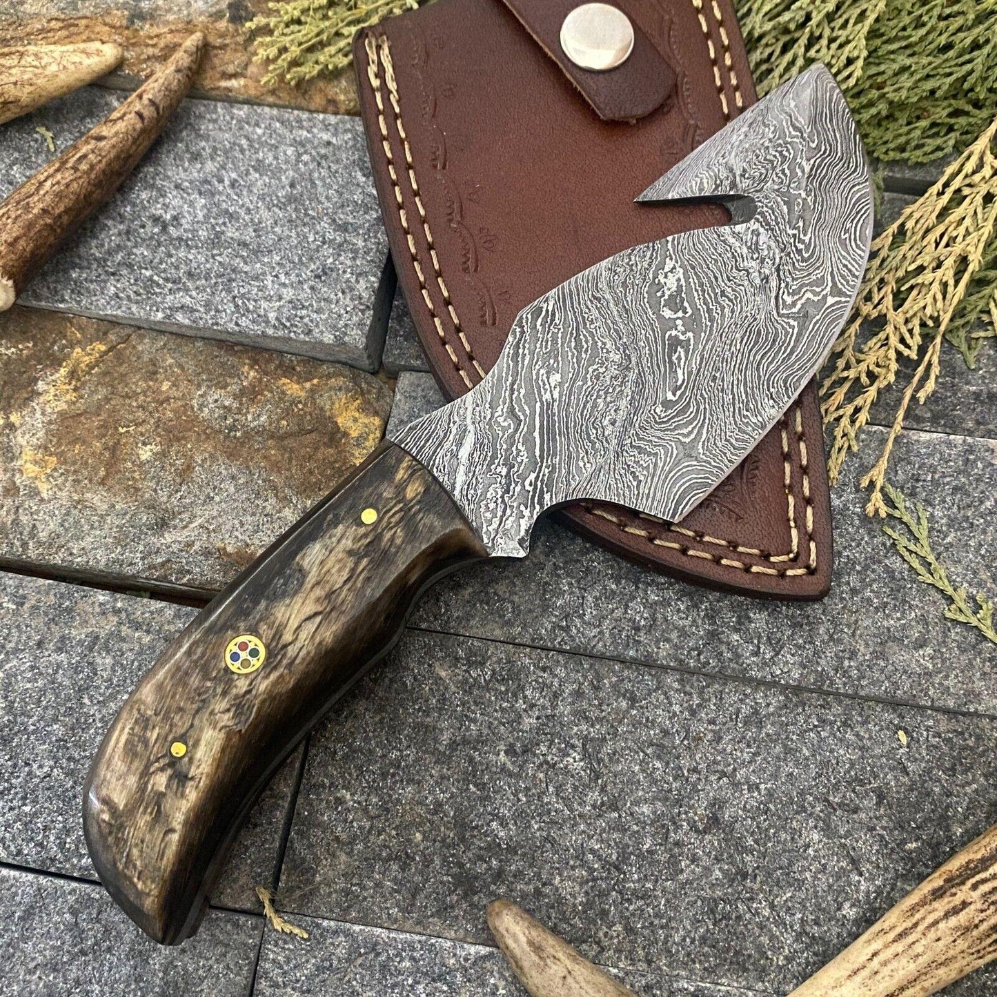 Handmade Forged Damascus Steel Gut Hook EDC Bowie Hunting Knife | Ram Horn Handle