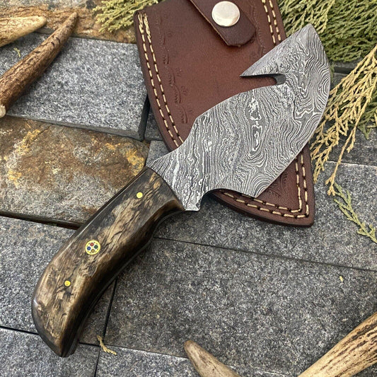 Handmade Forged Damascus Steel Gut Hook EDC Bowie Hunting Knife | Ram Horn Handle