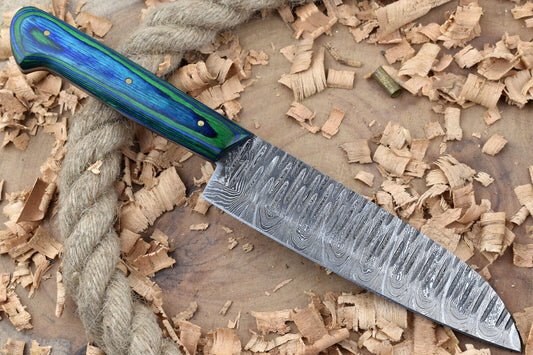 Handmade Forged Damascus Steel Kitchen Chef Knife – Blue & Green Dollar Thappa Handle