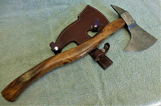 Handmade Forged Damascus Steel Tomahawk Axe with Wood Handle and Leather Belt Sheath