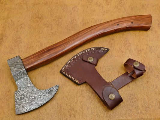 Handmade Forged Damascus Steel Tomahawk Hatchet Axe – 17 Inch Walnut Handle Custom Damascus Axe with Leather Sheath