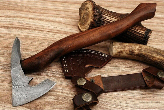 Handmade Forged Damascus Steel Tomahawk Spike Axe with Rose Wood Handle and Leather Sheath