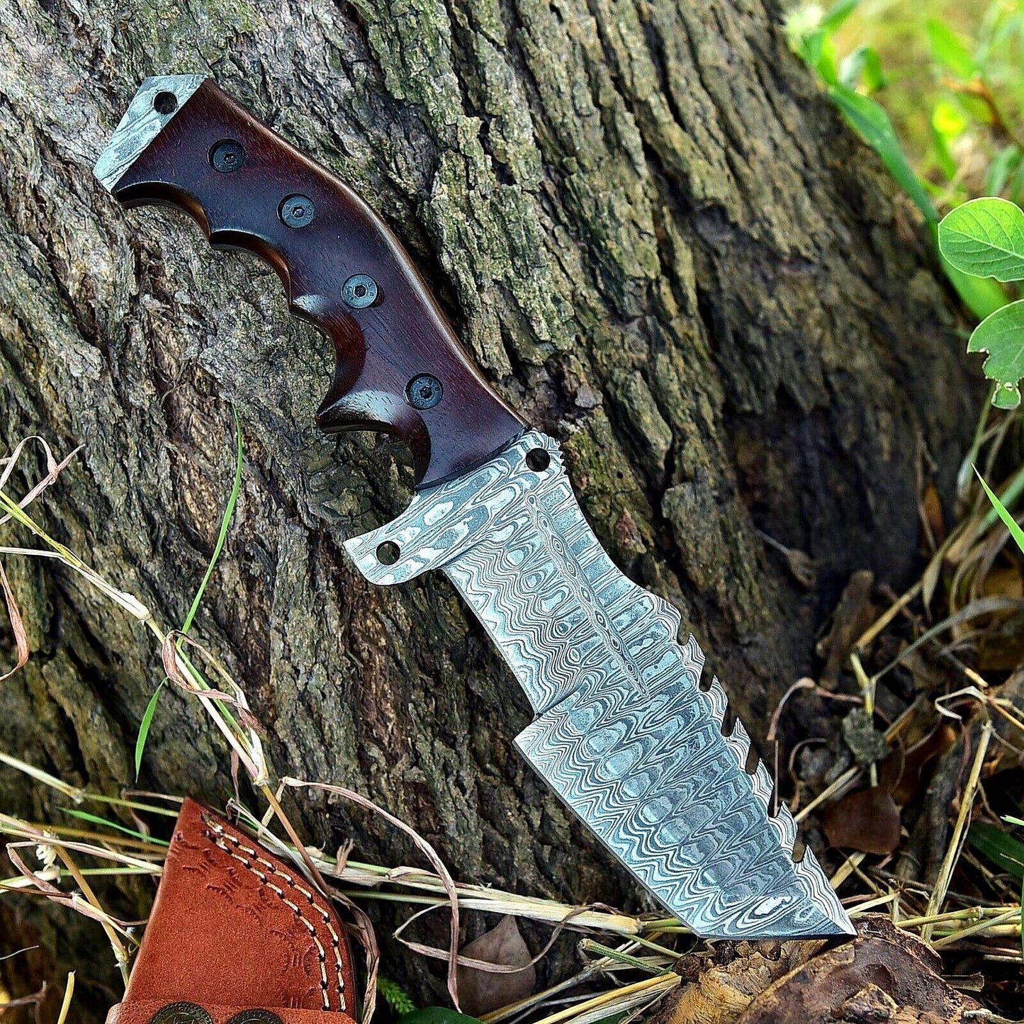 Handmade Forged Damascus Steel Tracker Hunting Knife – Survival Camping EDC with Wood Handle & Leather Sheath