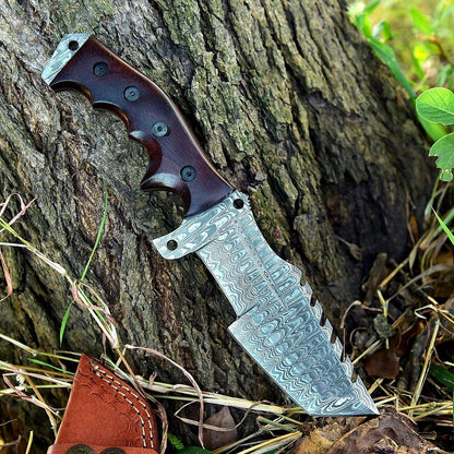 Handmade Forged Damascus Steel Tracker Hunting Knife – Survival Camping EDC with Wood Handle & Leather Sheath