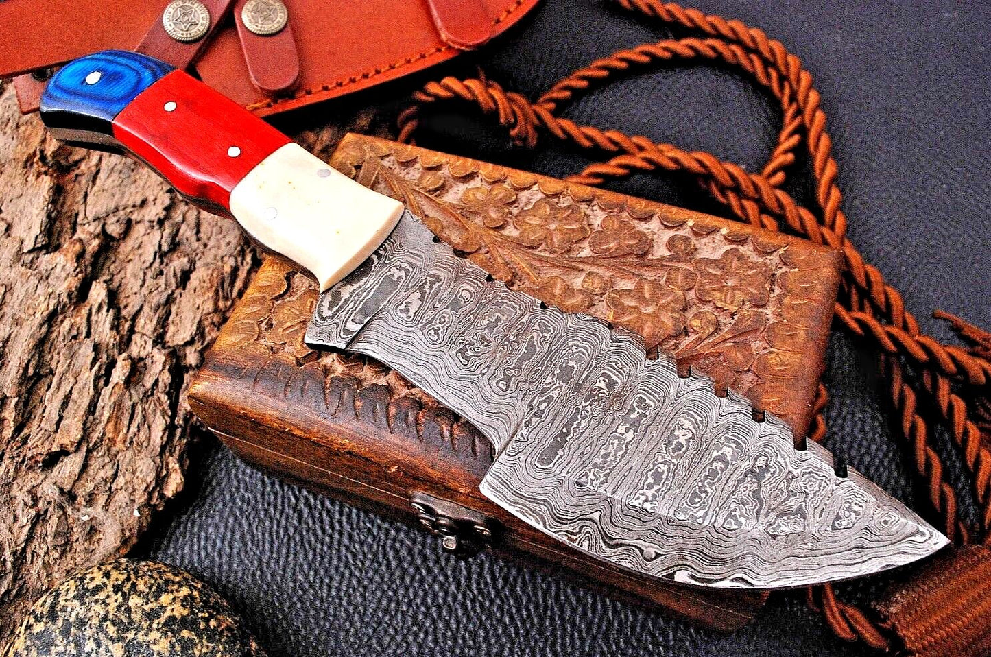 Handmade Forged Damascus Steel Tracker Hunting Knife with Wood & Resin Handle and Leather Sheath – 10.25" Full Tang