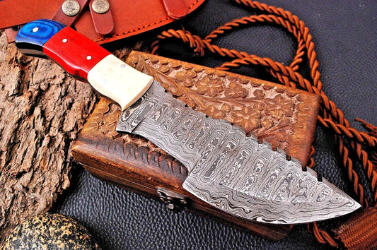 Handmade Forged Damascus Steel Tracker Hunting Knife with Wood & Resin Handle and Leather Sheath – 10.25" Full Tang