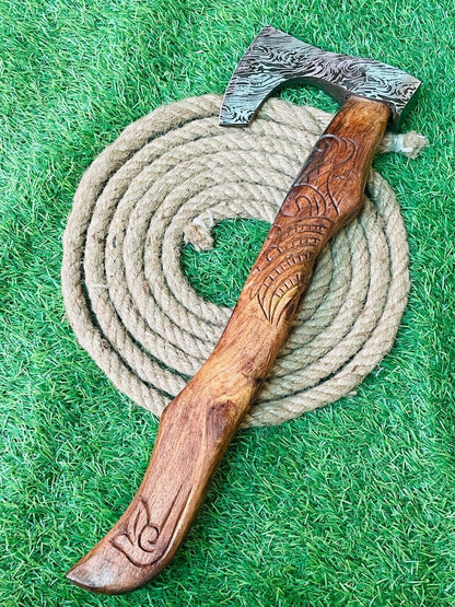 Handmade Forged Damascus Steel Viking Bearded Camping Axe with Leather Sheath