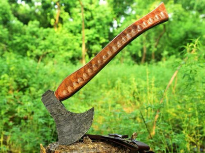 Handmade Forged Damascus Steel Viking Bearded Camping Hatchet Tomahawk Axe | Natural Wood Handle & Leather Sheath