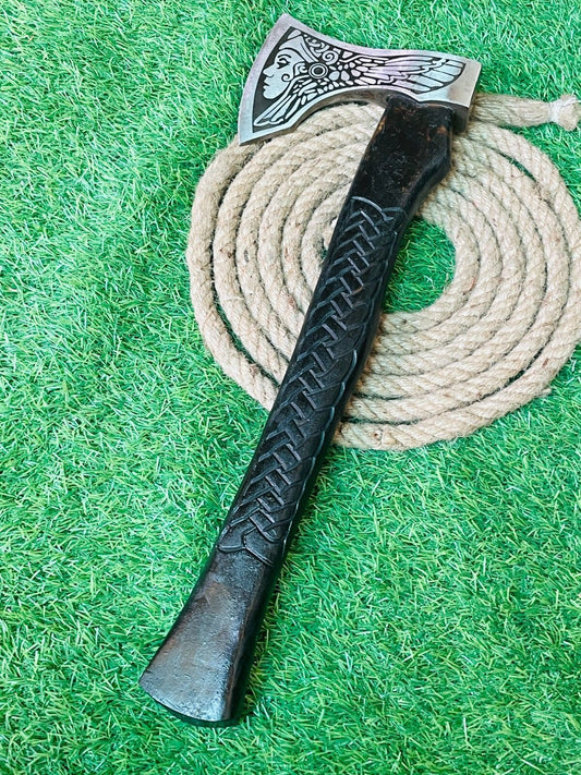 Handmade Forged Damascus Steel Viking Bearded Camping Tomahawk Hatchet Axe with Wood Handle and Leather Sheath