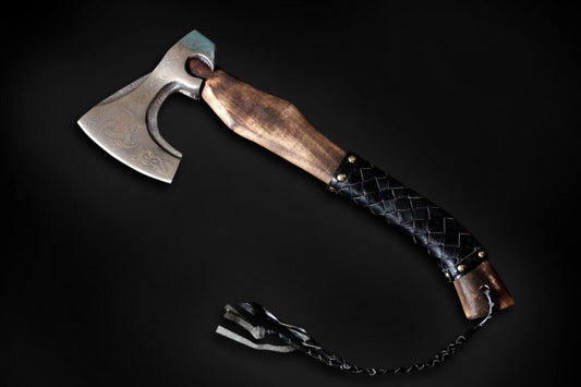 Handmade Forged Stainless Steel Viking Axe Hatchet with Smoked Brown Wood Handle and Leather Sheath
