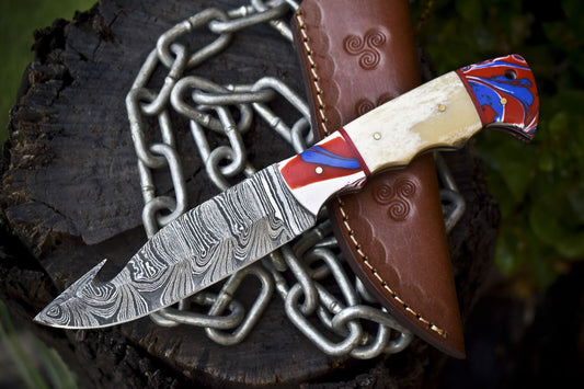 Handmade Gut Hook Skinner Knife Twist Damascus Bone Handle Micarta Guard – Camping Hunting Knife with Sheath
