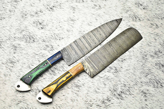 Handmade Hammered Damascus Steel Chef Knife Set – Custom 2-Piece Lot